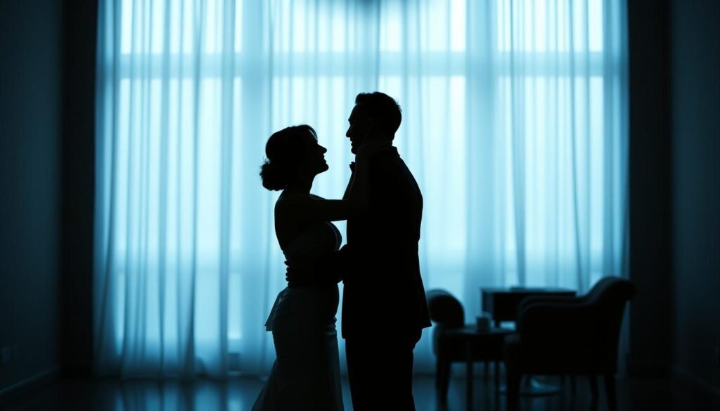 A beautifully lit, documentary-style wedding first look scene. The couple stands facing each other, locked in a tender embrace, surrounded by a softly blurred interior bathed in cool, diffused light. The focus is sharp on their silhouettes, with the background fading into a serene, minimalist elegance. Captured with a wide-angle lens to convey the emotional intimacy of the moment, the image evokes a sense of quiet anticipation and the joyful connection between the partners on their wedding day.