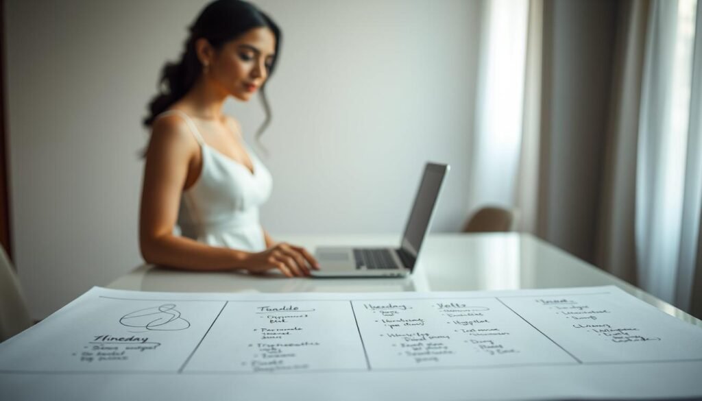A beautifully organized wedding day timeline, captured in a serene, minimalist setting. In the foreground, delicate hand-drawn sketches of the day's key events - from the bride's arrival to the first dance - unfold like a choreographed dance. Soft, diffused lighting bathes the scene, creating a calming, reflective atmosphere. The middle ground features a clean, modern desk with a sleek laptop, suggesting the meticulous planning behind the timeline. In the background, a blurred, contemporary interior provides a serene, unobtrusive backdrop, allowing the timeline to take center stage. The overall composition conveys the importance of thoughtful coordination, guiding the viewer through the graceful flow of a wedding day.