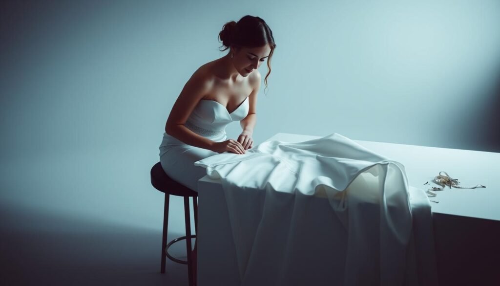 A bride seated on a stool, meticulously examining a half-finished wedding dress laid out on a white table, surrounded by a soft, muted backdrop of a minimalist, modern studio space bathed in cool, diffused lighting. Delicate pins and measuring tapes neatly arranged, hinting at the intricate process of alterations. The bride's expression is one of focused concentration, reflecting the care and attention required to perfect the fit and form of this most significant garment.