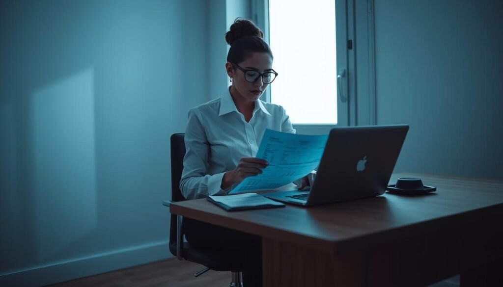 A businesswoman in a crisp white shirt and navy slacks sits at a minimalist, oak veneer desk, intently reviewing wedding vendor invoices and budget spreadsheets on a sleek laptop. Soft, cool-toned ambient lighting from a large window behind her casts a tranquil glow, casting gentle shadows across the pared-back, monochrome office interior. The scene conveys a sense of organized, methodical planning and attention to detail as the groom prepares for his upcoming nuptials.