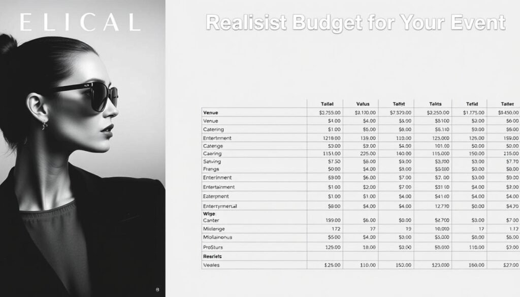 A clean, meticulously organized spreadsheet showcasing a detailed event budget breakdown, with line items categorized into key areas such as venue, catering, entertainment, and miscellaneous expenses. The layout is visually striking, utilizing a minimalist color palette of grays and blues, with crisp typography and precise data visualization. The image conveys a sense of control and financial diligence, perfectly suited to illustrate the "Setting a Realistic Budget for Your Event" section of the article.