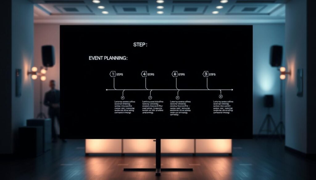 A clean, minimalist event planning timeline with distinct steps laid out in a modern, organized format. The timeline is displayed on a large wall or screen, set against a softly blurred, dimly lit interior space bathed in cool, diffused lighting. The steps are depicted using simple, geometric shapes and icons, conveying a sense of structure and progression. The overall mood is professional, focused, and visually compelling.