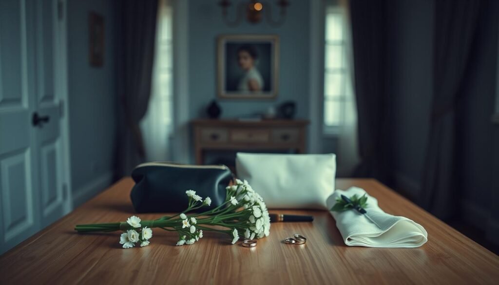 A clean, minimalist wedding day timeline display, centered on a plain wooden table. In the foreground, a delicate bouquet of white flowers and a pair of elegant wedding rings. The middle ground features a neatly organized array of items - a makeup bag, hairbrush, boutonniere, and a perfectly folded white napkin. In the background, a softly blurred interior, bathed in cool, diffused lighting that emphasizes the simplicity and elegance of the scene. The overall mood is serene, refined, and focused on the essential elements of a wedding day preparation.