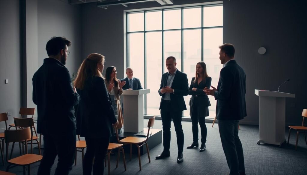 A contemporary event space with clean lines and muted tones. A large window in the background casts soft, natural light across the minimalist decor - simple wooden chairs and tables, a sleek podium, and a neutral color palette. In the foreground, a group of people engaged in a lively discussion, gesturing animatedly as they finalize the details of the upcoming event. The atmosphere is one of focused collaboration, with a sense of anticipation and careful preparation.
