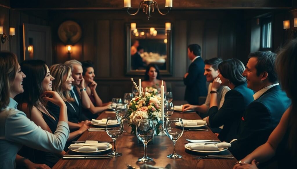 A cozy, intimate gathering around a wooden table, bathed in warm, soft lighting. Elegant place settings, delicate stemware, and a simple yet refined floral centerpiece set the tone. Guests converse casually, sharing stories and laughter, the atmosphere reflecting the reverence and excitement of the occasion. Subtle textures of linen and polished surfaces create a sense of refined elegance, while muted tones and diffused illumination evoke a relaxed, sophisticated ambiance. This scene captures the essence of a time-honored rehearsal dinner tradition, a prelude to the grand celebration to come.