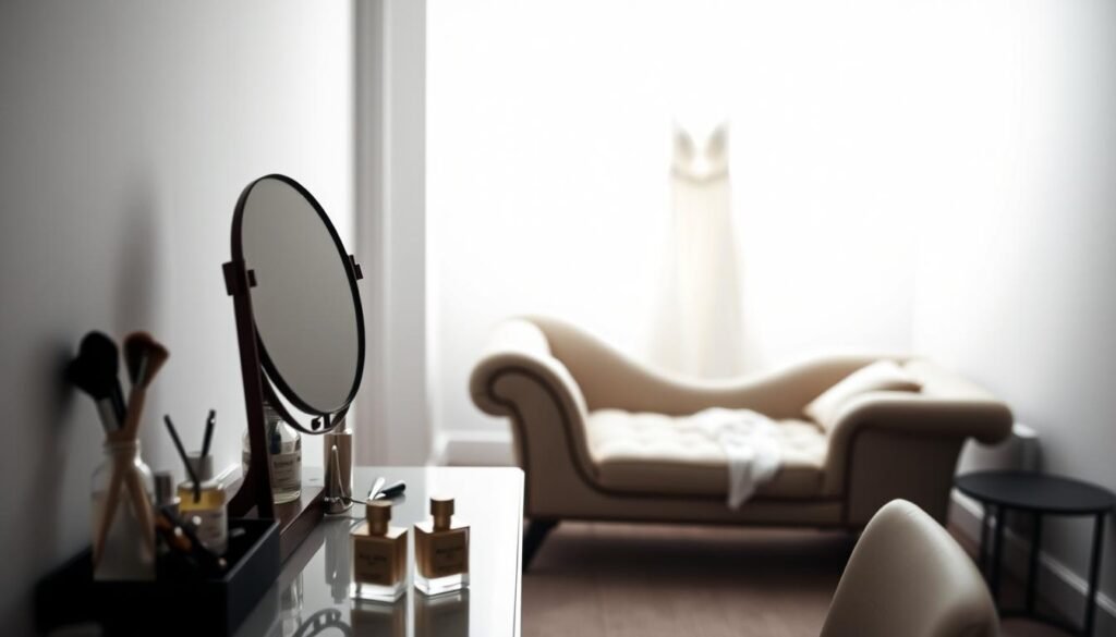 A crisp, clean interior bathed in soft, diffused light. In the foreground, a vanity table adorned with delicate makeup brushes, perfume bottles, and a hand mirror reflecting the serene face of the bride-to-be. Nearby, a dress bag hangs, its silhouette hinting at the elegant gown within. The middle ground reveals a cozy chaise, its plush cushions inviting a moment of quiet contemplation. The background is softly blurred, suggesting a minimalist, modern space that amplifies the intimate mood. Subtle textures and muted tones create a calming atmosphere, as the bride-to-be prepares for the special day ahead.