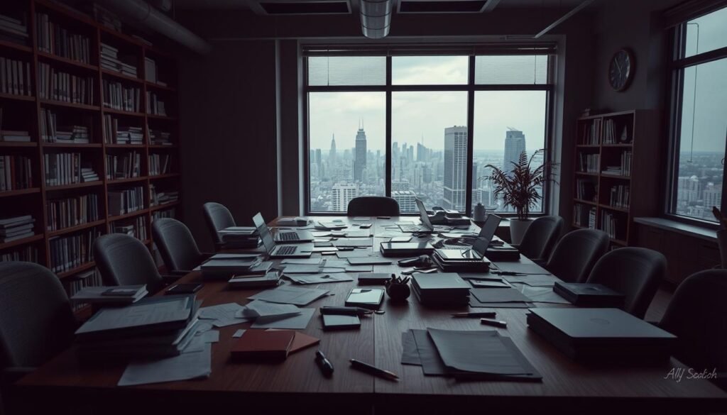 A dimly lit, modern office interior with a large wooden table in the foreground. Scattered around the table are documents, laptops, and a variety of stationery, suggesting an ongoing research process. The walls are lined with shelves filled with books and folders, creating a sense of a thoughtful, academic atmosphere. The lighting is soft and diffused, creating a calm and focused mood. A large window in the background provides a view of a city skyline, adding depth and context to the scene.