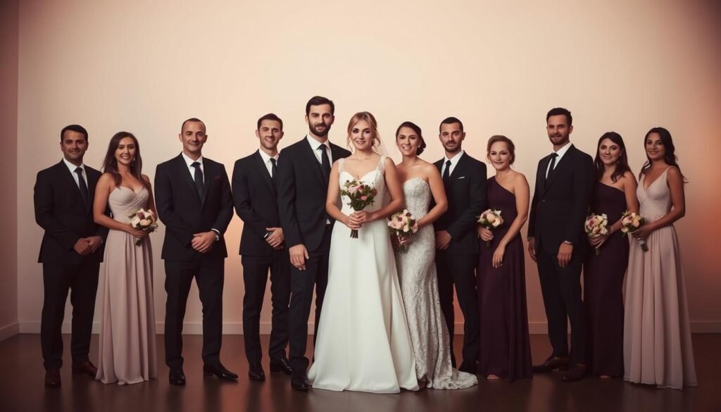 A formally dressed wedding party stands in a softly lit, minimalist interior. The bride and groom are at the center, surrounded by their best man, maid of honor, groomsmen, and bridesmaids. Each person has a distinct role, their expressions conveying a sense of unity and anticipation. The background is gently blurred, creating a sense of depth and focus on the primary subjects. Warm, diffused lighting casts a serene, elegant atmosphere, highlighting the formality of the occasion. The overall composition suggests a balanced, coordinated wedding party, ready to support the couple on their special day.