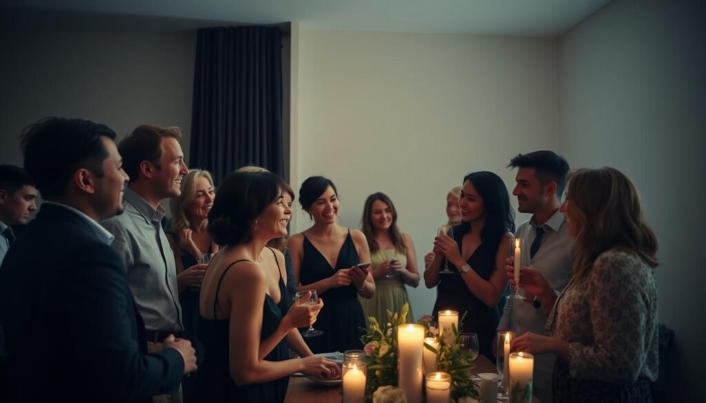 A group of close-knit friends and family gathered in a softly lit, minimalist interior, enjoying each other's company and bonding over shared memories. Warm laughter and intimate conversations fill the air, creating a relaxed, welcoming atmosphere. The scene is bathed in a cool, diffused light, highlighting the genuine connection and joy shared among the wedding party. Subtle details, such as the carefully curated decor and the gentle glow of candles, set the stage for a memorable event.