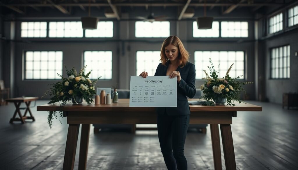 A large, airy loft space with floor-to-ceiling windows, bathed in soft, diffused natural light. A wooden table dominates the middle ground, adorned with a sleek, modern wedding day timeline printed on crisp white paper. Overflowing greenery and delicate flower arrangements flank the timeline, hinting at the beauty to come. In the foreground, a smartly dressed coordinator reviews the timeline, her expression focused yet serene. The background gently blurs, emphasizing the centrality of the timeline and its role in orchestrating the day's events.