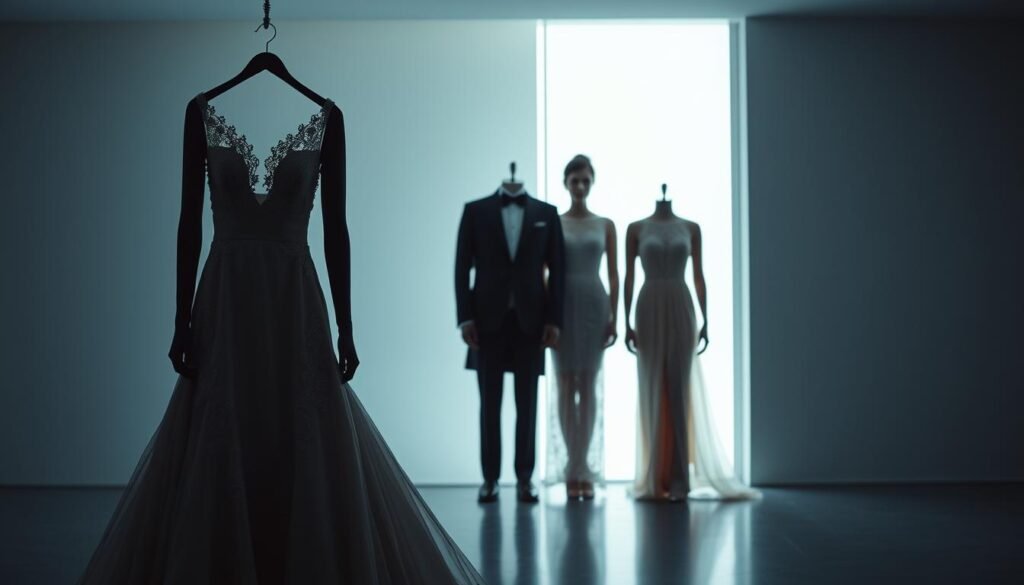 A meticulously curated timeline of elegant wedding attire, showcasing a progression of refined silhouettes and luxurious fabrics. In the foreground, a high-fashion gown with intricate lace detailing, suspended against a backdrop of soft, diffused light. In the middle ground, a tailored tuxedo and a delicate, beaded bridesmaid dress, arranged in a visually striking composition. The background features a minimalist, modern interior, bathed in a cool, calming ambiance, creating a serene and sophisticated atmosphere.