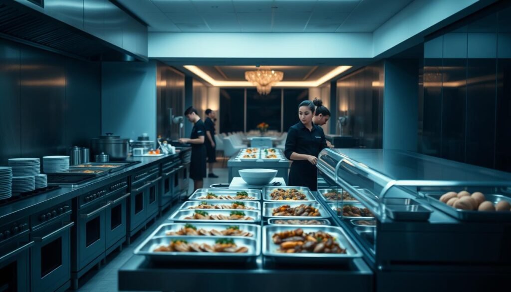 A minimalist, modern kitchen bathed in cool, diffused light. In the foreground, a team of professional caterers efficiently preparing an array of delectable dishes, their movements choreographed with precision. The middle ground showcases stainless steel appliances, neatly organized prep stations, and a backdrop of sleek, clean lines. In the background, a softly blurred interior suggests a larger event space, hinting at the grand occasion to come. The scene captures the seamless, streamlined process of event catering, where attention to detail and execution are paramount.