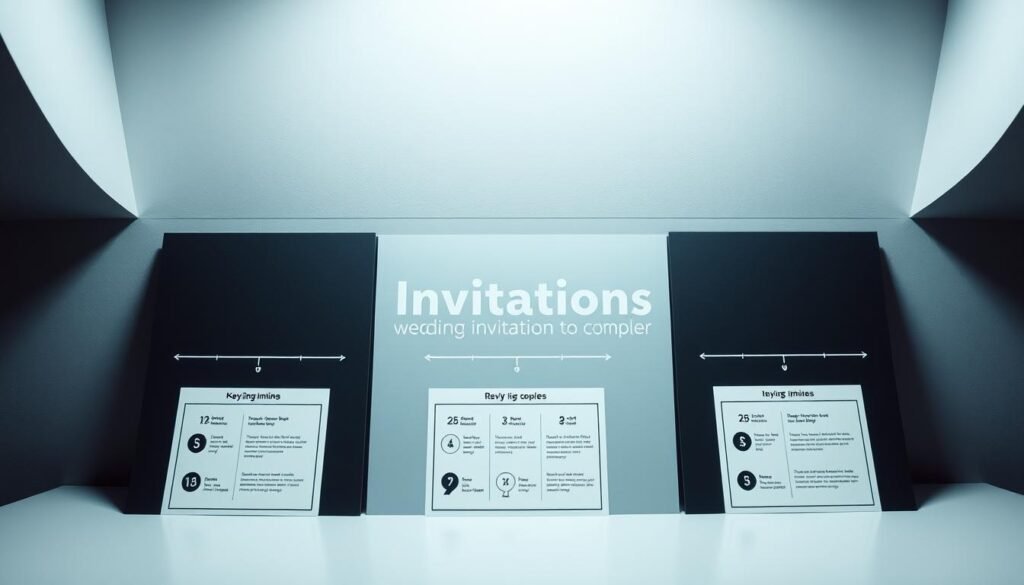A minimalist wedding invitation timeline guide, displayed on a clean, modern desk. Crisp, high-contrast black and white graphics arranged in a grid layout, with well-defined borders and ample white space. Soft, diffused lighting from above bathes the scene in a cool, calming ambiance. The invitation timeline showcases key milestones and deadlines for mailing, RSVP, and other crucial steps, presented in a clear, organized manner to help couples stay on track. The overall atmosphere is one of simplicity, elegance, and efficiency, reflecting the importance of careful planning for a successful wedding invitation process.