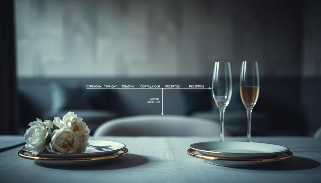 A minimalist wedding timeline laid out against a softly blurred interior, bathed in cool, diffused light. In the foreground, delicate gold-rimmed plates, a bouquet of white peonies, and a pair of elegant champagne flutes. In the middle ground, a neatly organized series of timeline components - ceremony, cocktail hour, reception, etc. - rendered in a sleek, typographic style. The background features a muted, textured wall, hinting at a modern, upscale setting. The overall mood is one of refined elegance and meticulous planning, capturing the essence of crafting the perfect wedding day timeline.