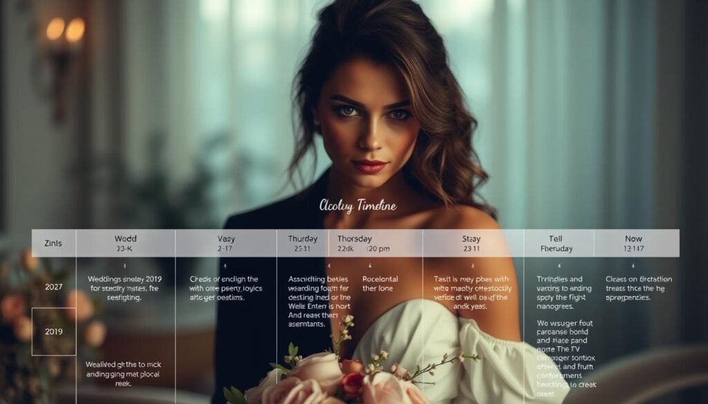 A modern and elegant wedding planning timeline, captured in a softly blurred interior setting bathed in cool, diffused light. The foreground features a clean, minimalist layout of important milestones and vendor booking deadlines, arranged in a visually appealing manner. The middle ground showcases delicate floral accents and subtle textures, adding a touch of sophistication. The background gently fades into a hazy, dreamlike atmosphere, creating a sense of tranquility and focus on the central timeline information.