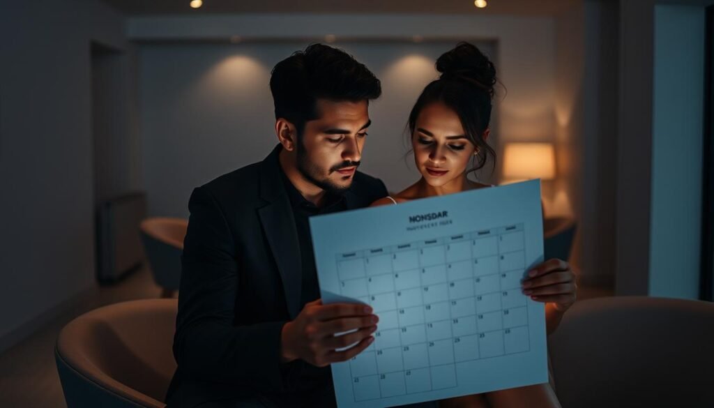 A modern, minimalist interior bathed in cool, diffused light. In the foreground, a couple sits together, carefully reviewing a large calendar and discussing their wedding date options. Their faces are softly illuminated, creating a sense of intimacy and contemplation. The middle ground features a sleek, wooden table and comfortable chairs, while the background is gently blurred, keeping the focus on the couple's decision-making process. The overall mood is one of thoughtfulness and careful planning, reflecting the "Understanding Your Wedding Vision and Setting a Date" section of the article.