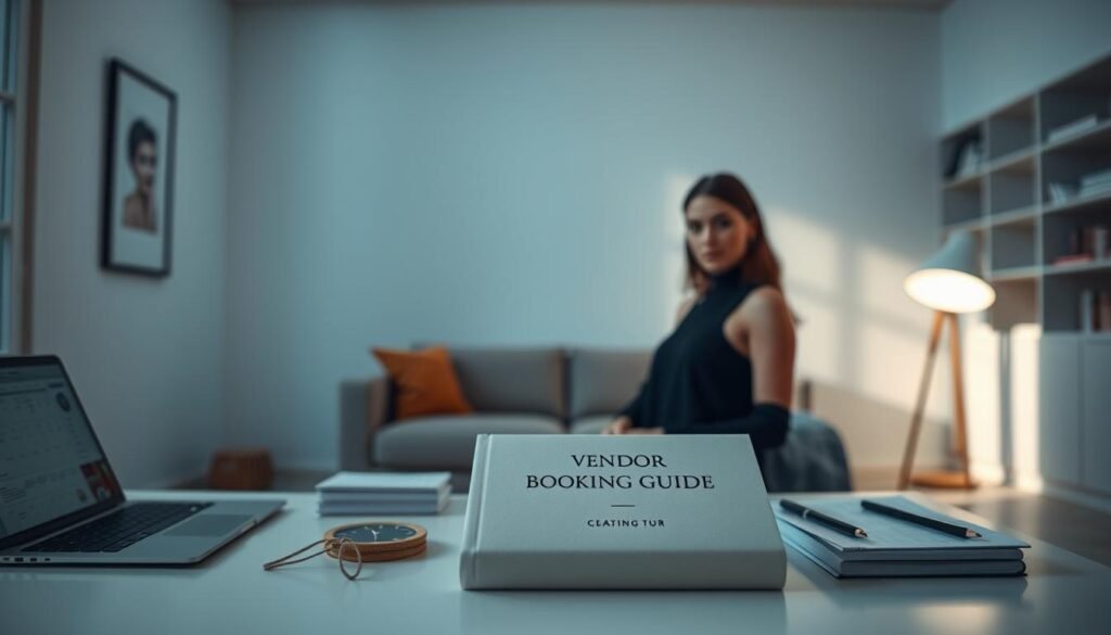 A modern, minimalist interior space flooded with cool, diffused light. In the foreground, a neatly organized workspace with a laptop, calendar, and stationery. Centered on the desk, a chic, hardcover "Vendor Booking Guide" with a clean, embossed cover design. The middle ground features a neutral-toned sofa and accent chair, suggesting a cozy lounge area. The background is softly blurred, hinting at shelves or artwork, creating a sense of depth and balance. The overall mood is one of calm, efficiency, and careful planning - reflecting the organizational nature of the "Vendor Booking Guide" subject matter.