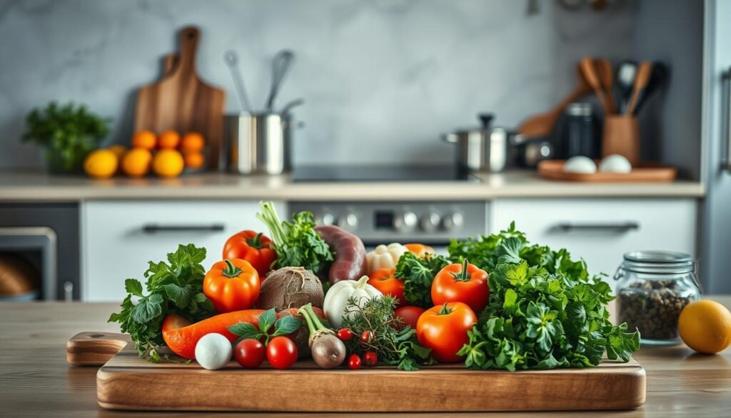 A modern, minimalist kitchen counter with various dietary-restricted meal options neatly arranged. In the foreground, a wooden cutting board displays fresh, vibrant vegetables, herbs, and a variety of gluten-free, dairy-free, and vegan-friendly ingredients. The middle ground features stainless steel cookware and utensils, while the background is softly blurred, bathed in cool, diffused lighting, creating a serene, thoughtful atmosphere for menu planning.