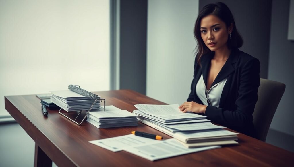 A modern, minimalist office space with a large wooden desk, clean lines, and a softly blurred background. On the desk, a neatly organized array of wedding planning materials: a sleek, silver-framed calendar, stacks of well-curated notes and checklists, a carefully positioned pen and highlighter. The lighting is cool and diffused, creating a calming, focused atmosphere for the thoughtful task of wedding day timeline planning.