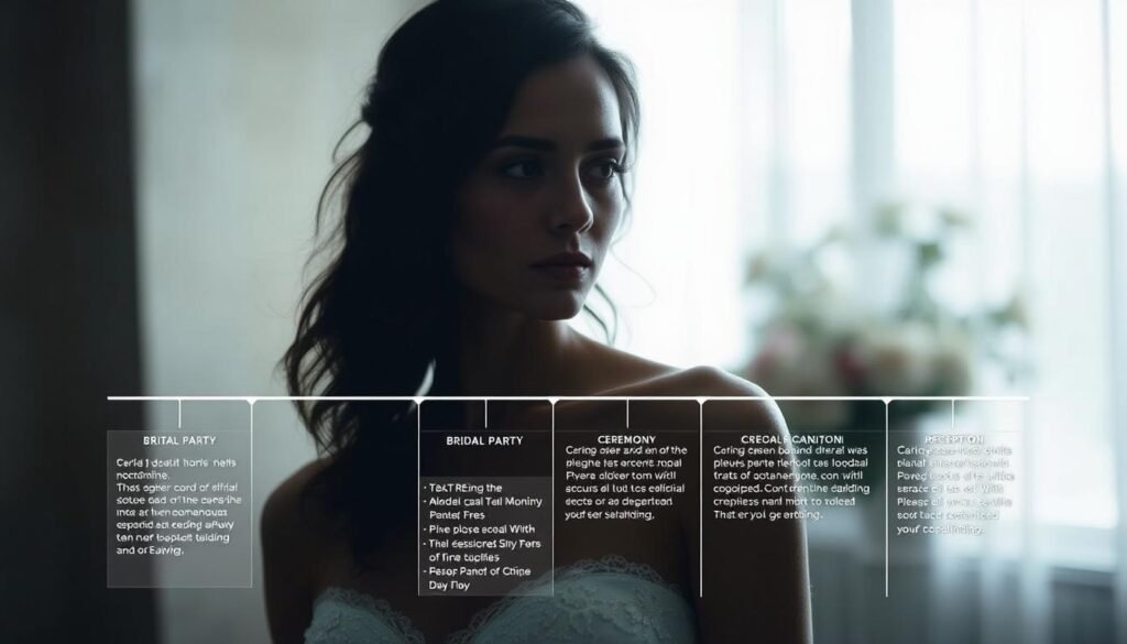 A modern, minimalist wedding coordination timeline unfolds against a softly blurred interior, bathed in cool, diffused light. Elegant yet practical, the timeline showcases critical events, from bridal party preparations to the ceremony and reception, in a clean, organized manner. The layout, with its distinct sections and thoughtful use of whitespace, guides the viewer's eye and reinforces the importance of a well-planned wedding day flow. The overall mood is one of calm, professionalism, and attention to detail - a testament to the value of comprehensive wedding day coordination.