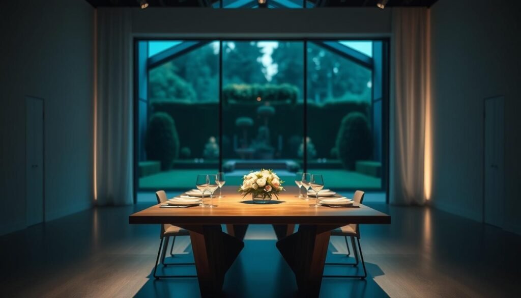 A modern, minimalist wedding venue interior bathed in cool, diffused lighting. The foreground features a sleek, geometric wooden table with elegant place settings and a simple floral centerpiece. In the middle ground, floor-to-ceiling windows offer a view of a lush, manicured garden outside. The background is softly blurred, creating a sense of depth and tranquility. The overall atmosphere is one of understated sophistication, inviting couples to envision their dream wedding day.