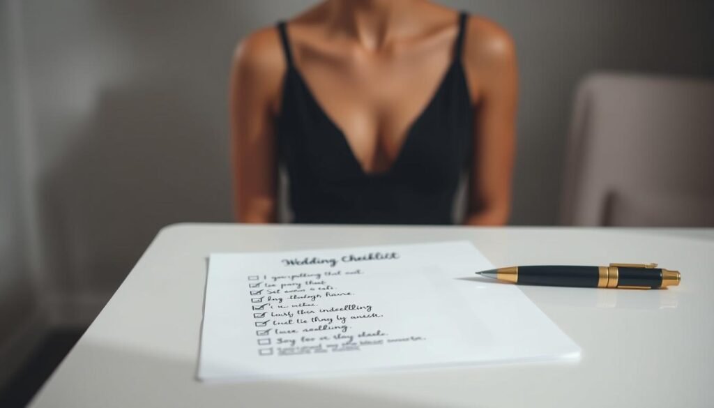 A neat, organized wedding checklist arranged on a sleek, minimalist table, bathed in soft, diffused lighting. The checklist items are handwritten in elegant calligraphy, each meticulously checked off, conveying a sense of accomplished wedding planning. The background is softly blurred, creating a serene, focused atmosphere. The overall composition is clean, modern, and visually appealing, reflecting the careful attention to detail required in the final stages of wedding preparation.