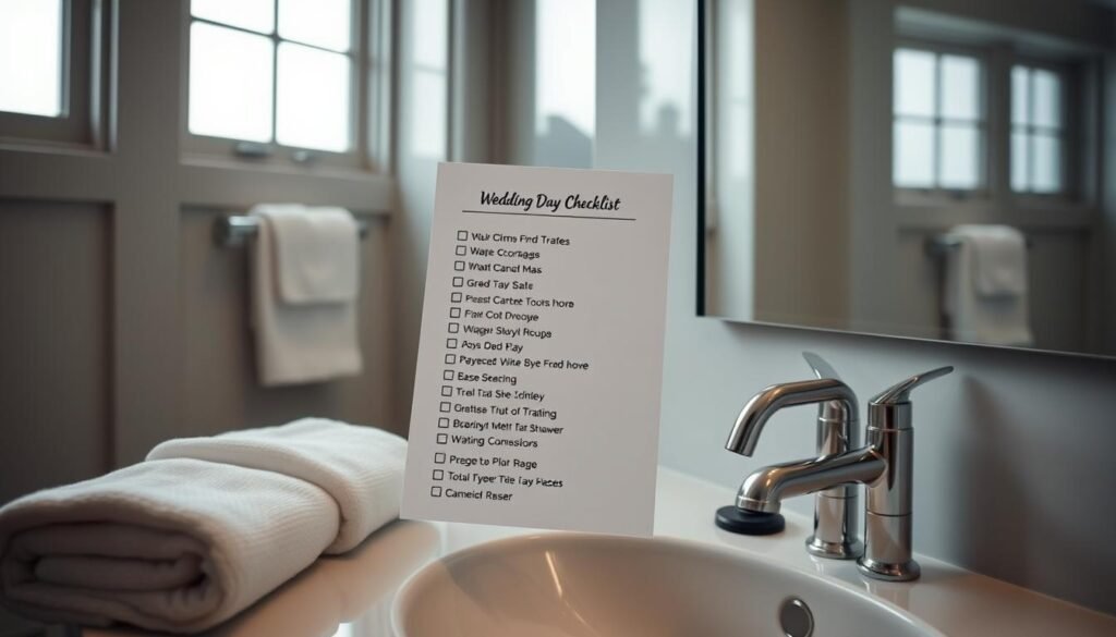 A neatly organized list of essential wedding day prep items floats in a softly lit, minimalist bathroom setting. Crisp white towels, a polished chrome faucet, and a mirror reflecting the image of the groom-to-be putting the final touches on his impeccable look. Smooth, diffused lighting from large windows creates a serene, calming atmosphere, allowing the checklist to take center stage. The overall mood is one of quiet confidence and effortless style, setting the stage for a memorable wedding day.