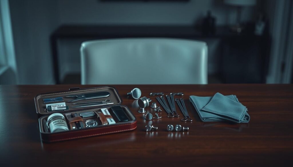 A neatly organized, modern wedding emergency kit laid out on a polished wood surface, bathed in cool, diffused lighting. In the foreground, a sleek, compact leather case containing sewing kit, stain remover, safety pins, and other essential grooming tools. In the middle, a well-curated selection of cufflinks, collar stays, dress studs, and a pocket square in a complementary shade. The background features a softly blurred, minimalist interior, lending a sense of elegant, understated sophistication to the scene.