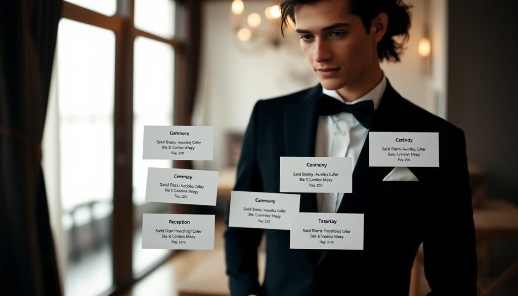 A neatly organized wedding day schedule, with each milestone elegantly presented on crisp, minimalist cards against a softly blurred, contemporary interior. The cards float in a cool, diffused light, showcasing the key events - from getting ready, to the ceremony, reception, and more. The layout is clean and visually balanced, creating a sense of order and structure that reflects the careful planning required for a seamless wedding day.
