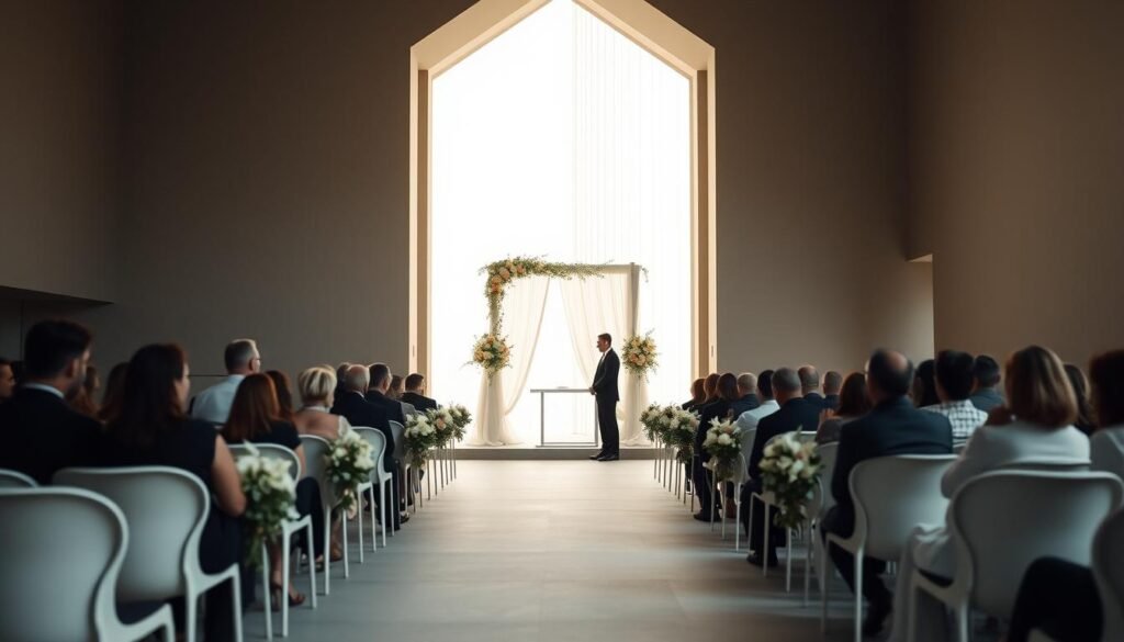A serene, light-filled wedding ceremony space, capturing the essence of modern elegance. The aisle is lined with simple, elegant floral arrangements, leading to an altar framed by towering, geometric archways that filter the soft, diffused natural light. The venue's minimalist, yet refined aesthetic creates a harmonious and calming atmosphere, as if suspended in a dream-like state. The guests are seated in sleek, modern chairs, their forms slightly blurred in the background, allowing the focus to remain on the ceremony itself. The overall composition conveys a sense of tranquility, intimacy, and the anticipation of a meaningful celebration.