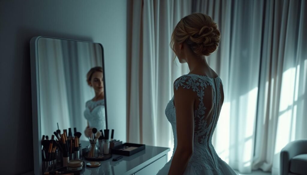 A serene, minimalist bridal suite bathed in cool, diffused light. In the foreground, a vanity holds an array of makeup and beauty tools, reflecting the bride's face as she applies her final touches. Soft, elegant fabrics drape the background, complementing the clean, modern aesthetic. The bride's silhouette comes into focus, her delicate lace gown and intricate hairstyle hinting at the beauty to come. A sense of tranquility and anticipation fills the air, as the bride prepares to embark on her special day.
