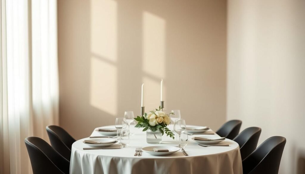 A serene, minimalist interior bathed in soft, diffused light sets the stage for a thoughtful rehearsal dinner planning session. A simple, modern table arrangement with clean lines and muted tones takes center stage, surrounded by blurred, neutral-hued walls that create a calming ambiance. Candlesticks, fresh greenery, and a understated floral centerpiece add subtle elegance, while the overall atmosphere evokes a sense of relaxation and ease - the perfect backdrop for finalizing the timeline for a memorable, stress-free rehearsal dinner experience.