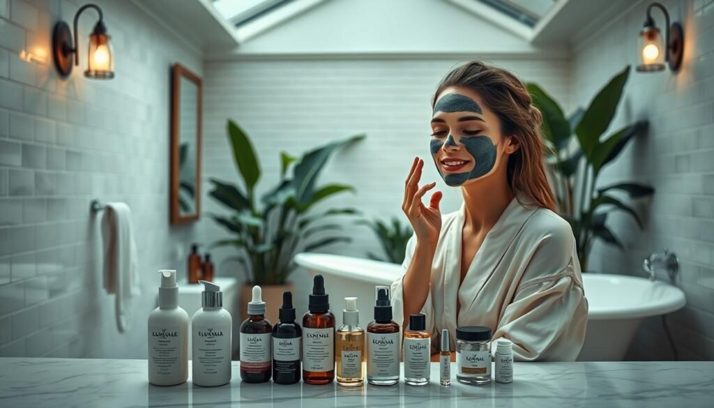 A serene, spa-like bathroom with white subway tiles and a large vanity mirror reflecting the bridal skincare routine. A porcelain clawfoot tub and lush potted plants create a tranquil, natural ambiance. In the foreground, an assortment of luxurious skincare products - cleansers, serums, and moisturizers - are neatly arranged on a marble countertop. The bride-to-be, wearing a delicate silk robe, gently applies a face mask, her expression one of deep relaxation. Soft, cool lighting from sconces and a skylight above casts a flattering glow, highlighting the bride's radiant, glowing complexion. The overall mood is one of pampering, self-care, and a serene pre-wedding ritual.