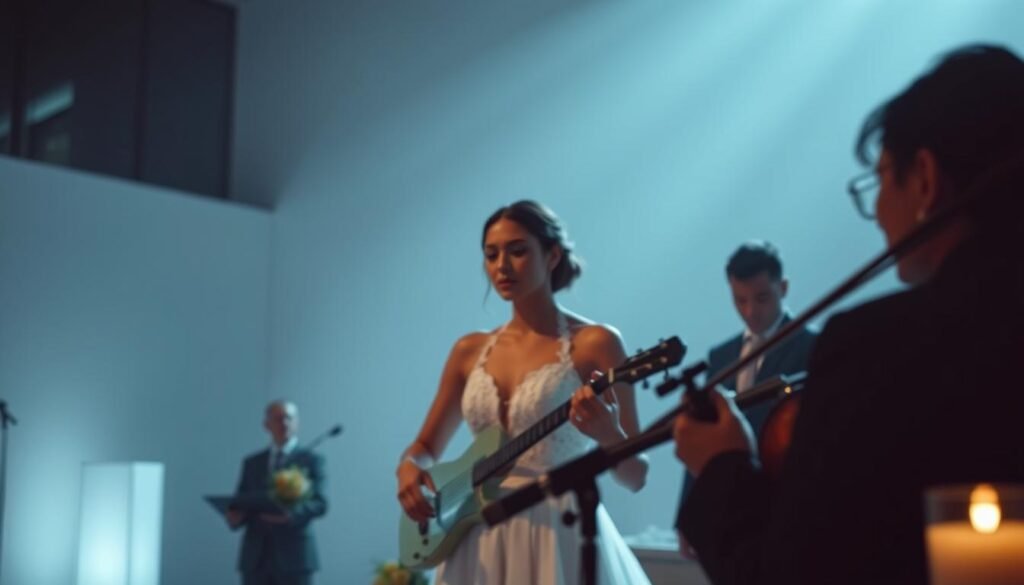 A serene wedding ceremony, bathed in cool, diffused lighting. In the softly blurred background, a minimalist, modern interior sets the stage. In the foreground, a harmonious flow of music, with instruments gently swaying and melodies weaving through the space. The atmosphere is one of tranquility and grace, capturing the essence of a seamless, thoughtfully designed ceremony.