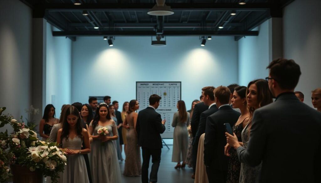 A serene wedding venue, its open floor plan bathed in cool, diffused light. In the foreground, a line of eager couples consults with a variety of vendors - florists, caterers, and photographers - their faces animated with excitement. In the middle ground, a schedule board displays booked dates, suggesting high demand. The background softly blurs, hinting at the venue's minimalist, contemporary design. The overall atmosphere conveys the urgency and importance of securing coveted wedding vendors early.