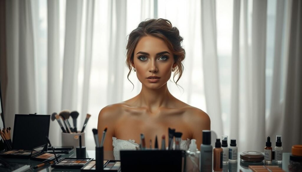 A stunning bride sits at a vanity, surrounded by an array of makeup brushes, palettes, and serums. Her face is half-done, the other half a blank canvas, capturing the anticipation of her wedding day transformation. Soft, diffused light filters through airy curtains, creating a serene, almost ethereal atmosphere. In the background, a blurred, minimalist interior sets the stage for this intimate moment of beauty preparation. Meticulously crafted and artfully composed, this image embodies the essence of a captivating "wedding hair and makeup trial."