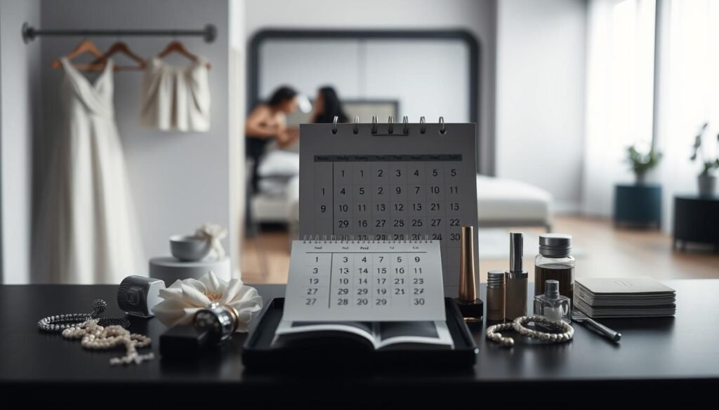 A stunningly elegant wedding preparation timeline, captured in a serene, minimalist setting. The foreground showcases a meticulously curated display of wedding attire, accessories, and beauty essentials, each item thoughtfully arranged against a backdrop of soft, diffused light. The middle ground features a stylized calendar, its pages gently turning, marking the passing of time towards the grand event. In the background, a blurred, contemporary interior bathes the scene in a cool, calming ambiance, allowing the viewer to focus on the unfolding narrative of the bride's journey to the altar. Crisp, high-resolution photography accentuates the refined, sophisticated atmosphere, inviting the viewer to envision their own elegant wedding preparation timeline.