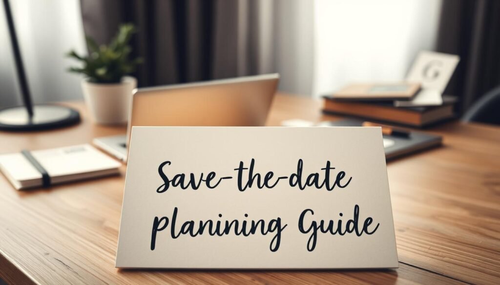A stylish, minimalist workspace with a wooden desk, a laptop, a potted plant, and a set of stationery items arranged neatly. The scene is bathed in a soft, diffused light, creating a serene and thoughtful atmosphere. In the foreground, a pristine, cream-colored notepad with the words "Save-the-Date Planning Guide" handwritten in a modern, calligraphic style, hinting at the upcoming event and the organization required. The overall composition suggests a carefully curated, inspirational setting for planning an important occasion.