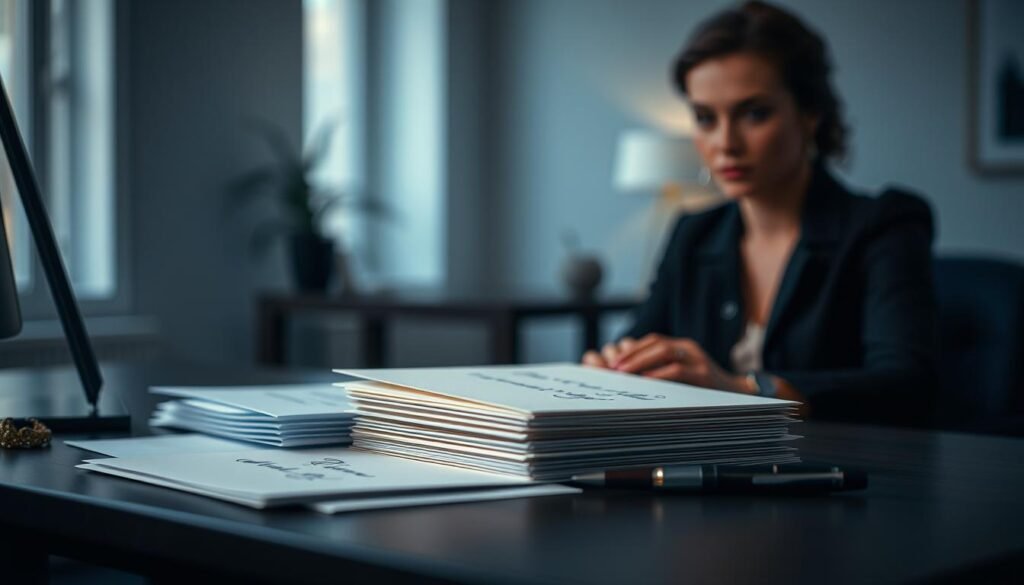 A tidy, well-organized desk with a meticulously arranged stack of wedding invitations, neatly addressed envelopes, and a modern calligraphy pen. In the background, a softly blurred interior bathed in cool, diffused light, suggesting a minimalist, contemporary setting. The scene conveys a sense of efficiency, attention to detail, and a streamlined approach to the wedding invitation process.