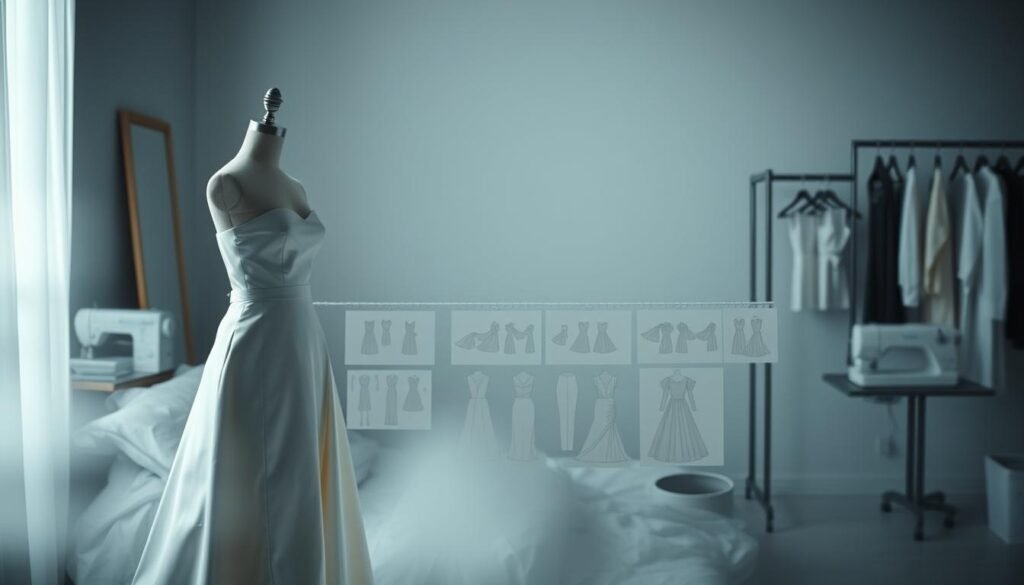 A timeline of wedding gown alterations unfolds against a softly blurred, minimalist interior bathed in cool, diffused light. In the foreground, a delicate satin gown rests on a dressmaker's mannequin, its silhouette emerging from the hazy backdrop. Across the middle ground, a series of sketches and fabric swatches chart the evolution of the gown's design, capturing the intricate process of customization. In the background, a seamstress's sewing machine and a rack of carefully pressed garments hint at the skilled craftsmanship required to bring the dream dress to life. The overall atmosphere is one of calm, focused concentration, reflecting the meticulous care and attention that goes into crafting a wedding gown.