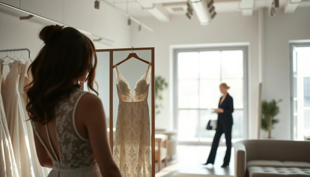 A tranquil, modern bridal boutique appointment. In the softly lit foreground, a stylish bride-to-be stands before a full-length mirror, examining a delicate, ivory lace gown with intricate beading. Gentle, diffused sunlight streams in through large windows, casting a serene, ethereal glow. The spacious, minimalist interior is subtly accented with sleek metal fixtures and plush, neutral furnishings, creating a serene, inviting ambiance. In the blurred background, a professional stylist assists another customer, underscoring the intimate, personalized experience of this private appointment.