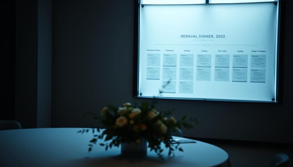 A tranquil, modern interior sets the stage for a thoughtfully coordinated wedding rehearsal and dinner schedule. In the foreground, a simple, elegant table arrangement with delicate florals and crisp linens invites guests to gather. The middle ground reveals a clean, minimalist layout with scattered, softly blurred schedules and itineraries, hinting at the seamless flow of the event. The background bathes in a cool, diffused light, creating a serene, relaxed atmosphere that sets the tone for a memorable rehearsal dinner experience.