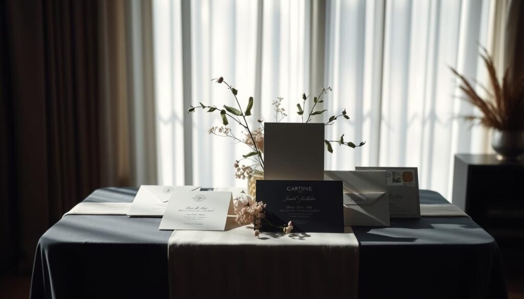 Elegant wedding invitation timing guide set against a softly blurred, minimalist interior bathed in cool, diffused light. A table with a simple, modern table runner and delicate floral arrangements takes center stage, showcasing a series of wedding invitation samples in various stages of the mailing process. Subtle shadows and highlights accentuate the textures and details of the invitations, creating a sense of depth and dimension. The overall atmosphere is one of refined sophistication, perfectly capturing the essence of the "Timing Your Wedding Invitations for Local & Destination Weddings" section.