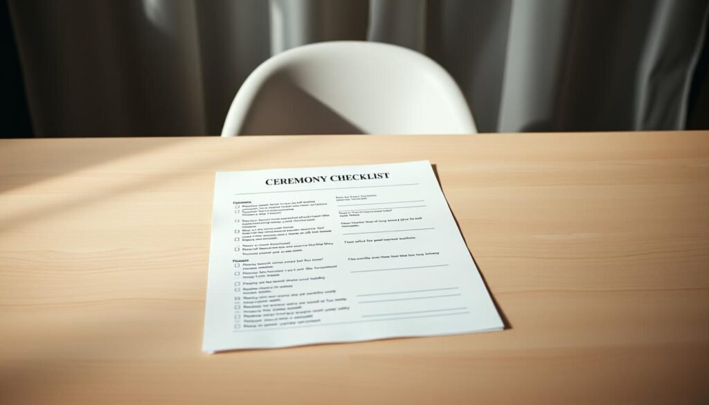 a ceremony checklist on a clean, minimalist table, surrounded by soft, diffused lighting that creates a serene and organized atmosphere. The checklist is neatly organized, with clear sections and bullet points, hinting at the step-by-step process of wedding planning. The table is made of light-colored wood, and the background is slightly blurred, creating a sense of focus on the central element. The overall mood is one of calm, efficiency, and attention to detail, reflecting the careful planning required for a smooth wedding timeline.