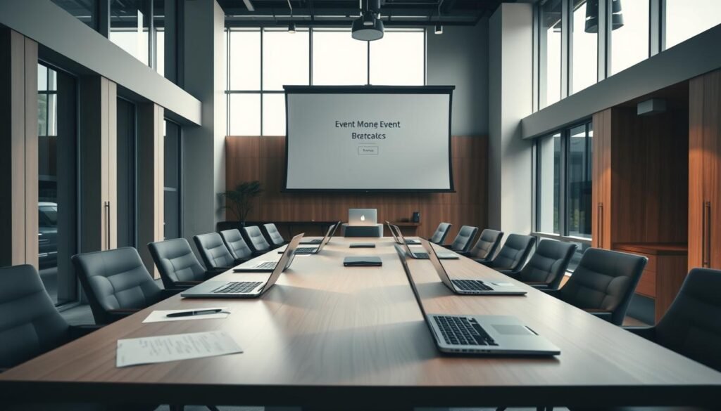 a professional conference room in a modern office, filled with natural light from large windows. In the foreground, a conference table with laptops, documents, and pens, indicating an ongoing meeting. The wall behind the table features a large projection screen, suggesting a presentation or discussion of event goals and budget considerations. The room has a minimalist, sleek design with light wood accents and muted colors, creating a calm and focused atmosphere. Soft, diffused lighting fills the space, casting subtle shadows and highlighting the details of the furnishings. The overall scene conveys a sense of organization, collaboration, and strategic planning for an upcoming event.