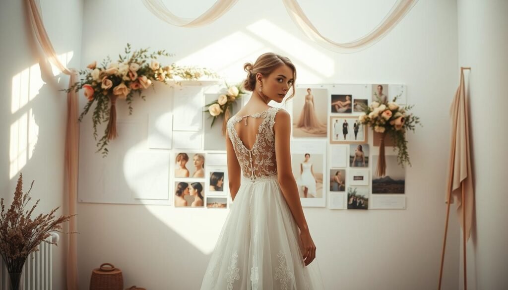 a serene, sunlit vision board displaying an array of delicate wedding dress sketches, fabric swatches, and inspirational imagery. Soft, diffused lighting illuminates a minimalist, airy interior, its walls adorned with ethereal floral arrangements and cascading fabric accents. In the foreground, a central mood board showcases an exquisite lace-trimmed gown, its intricate details highlighted by the warm, natural illumination. The overall atmosphere conveys a sense of tranquility and refined elegance, perfectly capturing the essence of the "Wedding Dress Journey".
