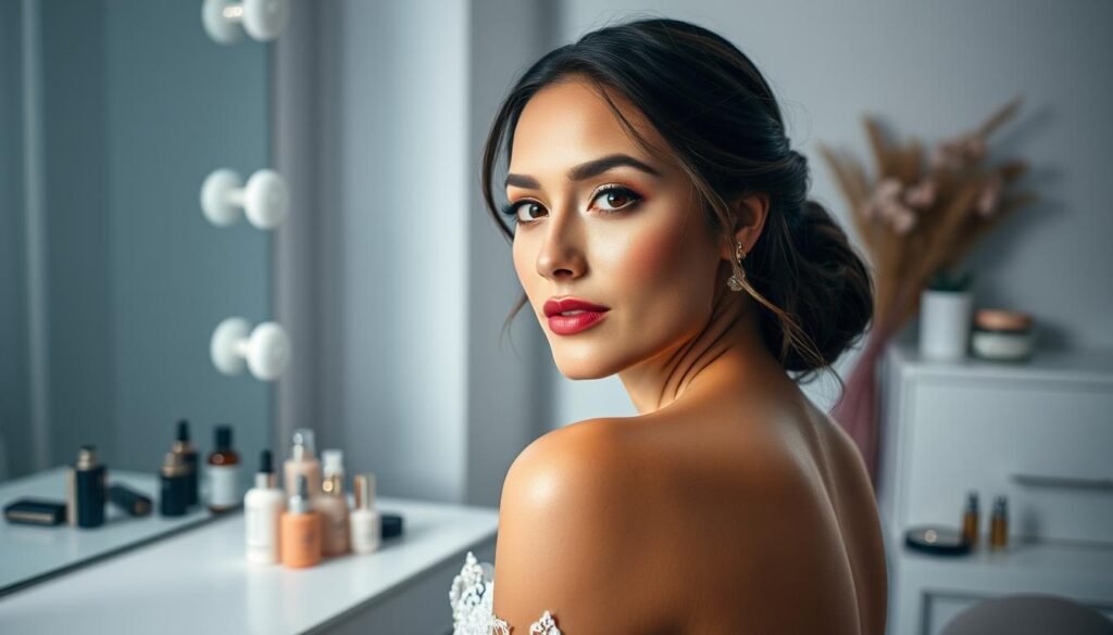 a stunning bridal beauty vision set in a minimalist, modern interior bathed in cool, diffused light. In the softly blurred foreground, a serene, glowing bride sits at a vanity, her skin radiant and flawless, with delicate makeup accentuating her natural features. The middle ground showcases an array of high-end beauty products, meticulously arranged, hinting at the careful preparation that has gone into her look. In the background, the space is filled with a sense of tranquility, with clean lines and muted tones creating a calming, spa-like atmosphere. The overall scene exudes an air of quiet confidence and timeless elegance, perfectly capturing the essence of the "Starting Your Bridal Beauty Journey" section.